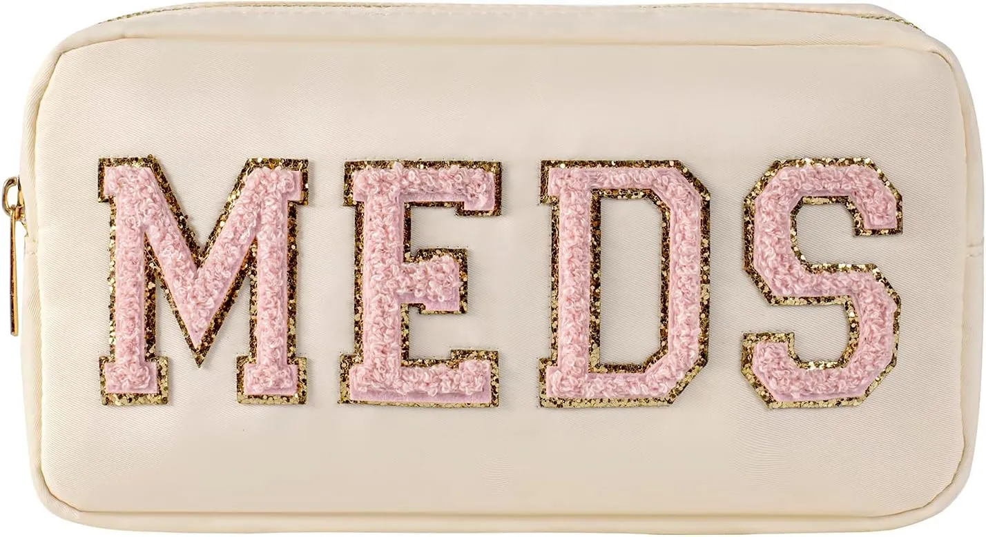 uekeboag Personalized Chenille Letter Patch MEDS Bag,Cute Nylon Drug Medicine Travel Makeup Bag with Zipper, Preppy Vitamin Organizer Bag for Women and Girls (02Beige-Pink)