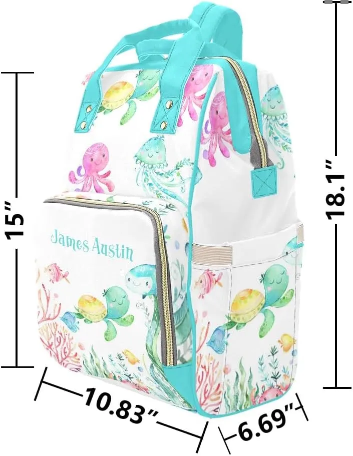 Under the Sea Turtle Jellyfish Personalized Diaper Bag Backpack Tote with Name Diaper Backpack Travel Daypack for Mom Dad Baby Bag Gift