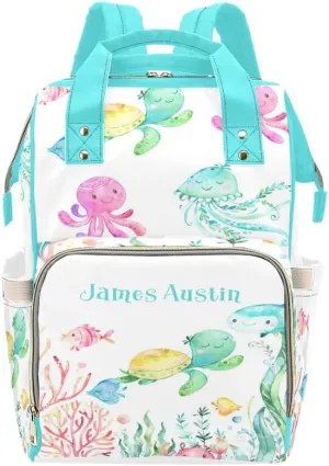 Under the Sea Turtle Jellyfish Personalized Diaper Bag Backpack Tote with Name Diaper Backpack Travel Daypack for Mom Dad Baby Bag Gift