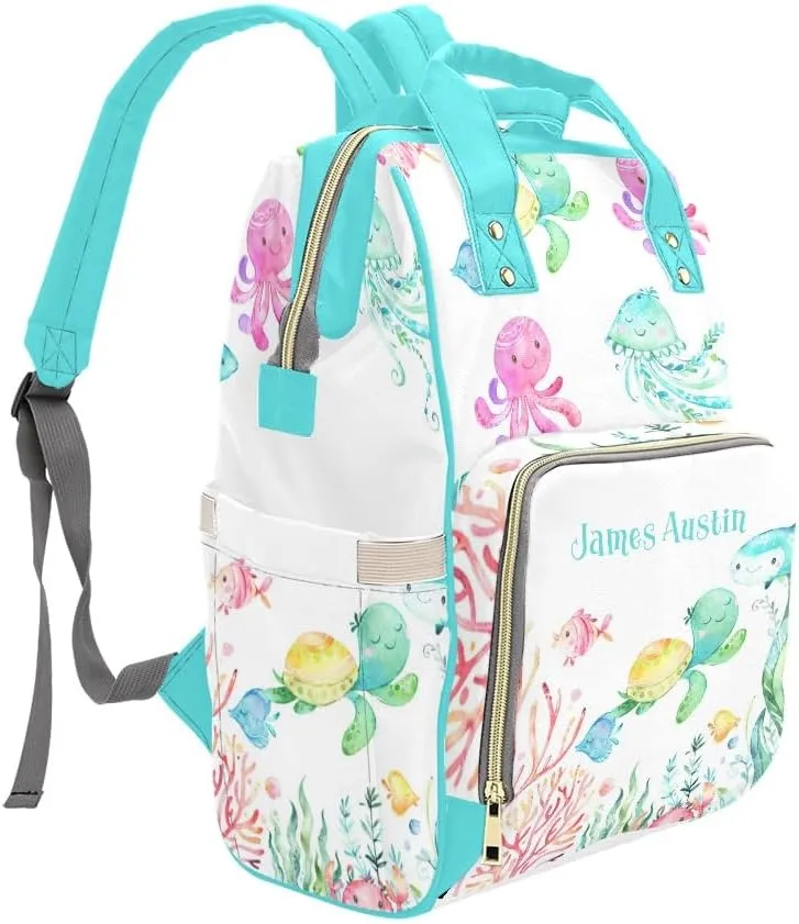 Under the Sea Turtle Jellyfish Personalized Diaper Bag Backpack Tote with Name Diaper Backpack Travel Daypack for Mom Dad Baby Bag Gift
