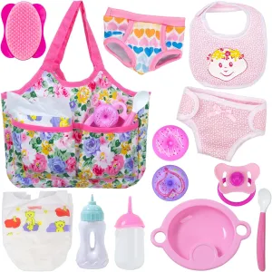 UNICORN ELEMENT 13 Pcs Baby Doll Clothes and Accessories - Baby Doll Diaper Bag with Bottle and Feeding Set for Reborn Baby Dolls Accessories