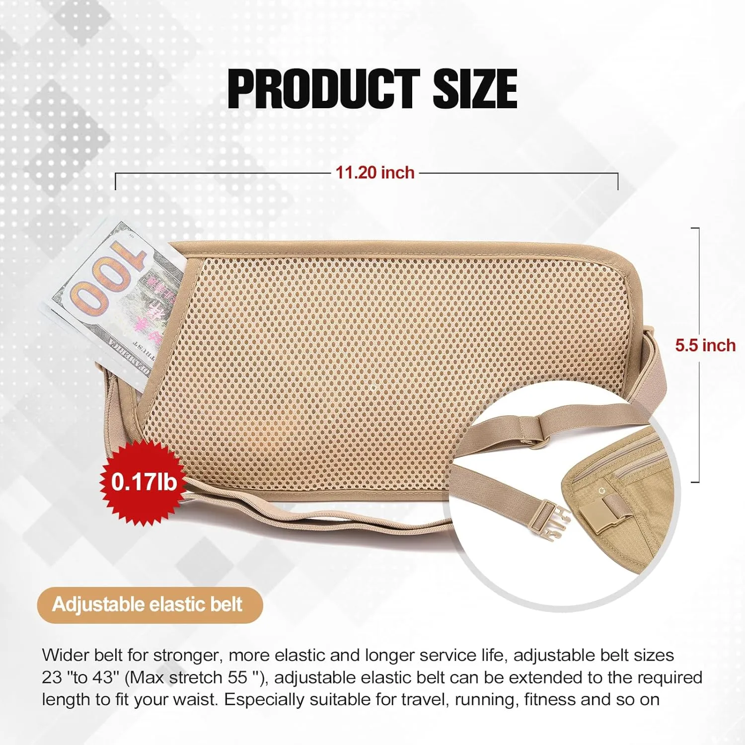 Unisex Money Belt For Men and Women, Slim Passport Holder RFID Blocking Travel Essentials Pouch with Adjustable Strap Small Waist Pouch for Workout Running Travelling Hiking (Beige 2 Packs)