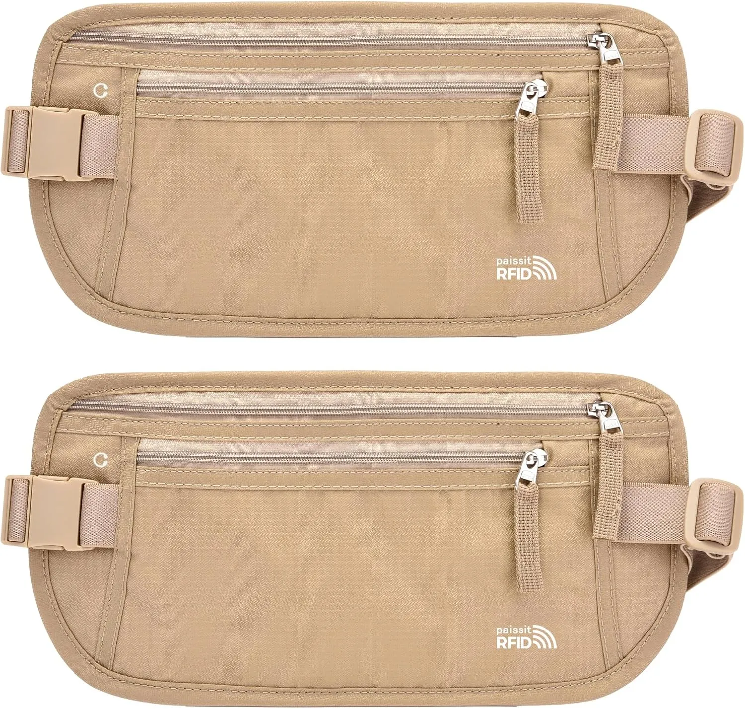 Unisex Money Belt For Men and Women, Slim Passport Holder RFID Blocking Travel Essentials Pouch with Adjustable Strap Small Waist Pouch for Workout Running Travelling Hiking (Beige 2 Packs)