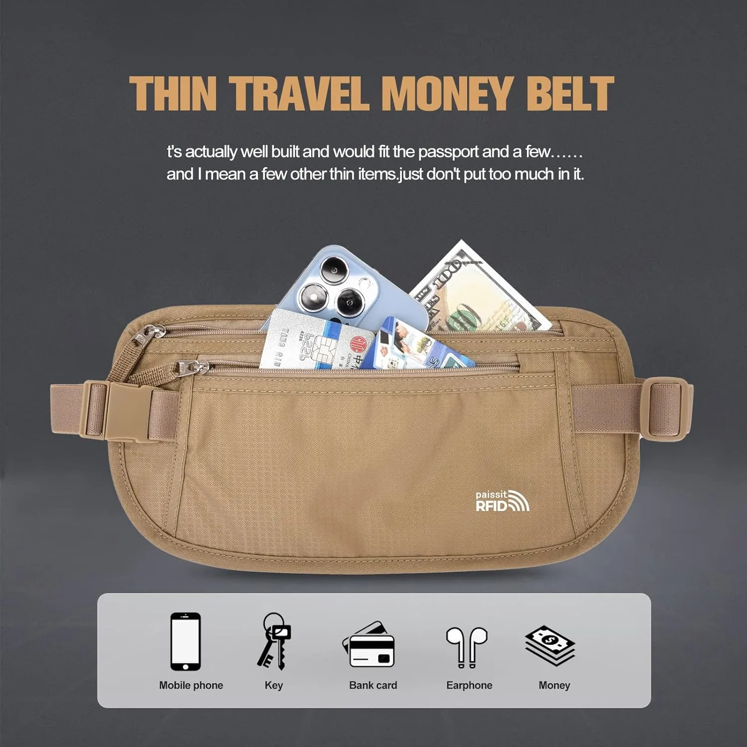Unisex Money Belt For Men and Women, Slim Passport Holder RFID Blocking Travel Essentials Pouch with Adjustable Strap Small Waist Pouch for Workout Running Travelling Hiking (Beige 2 Packs)