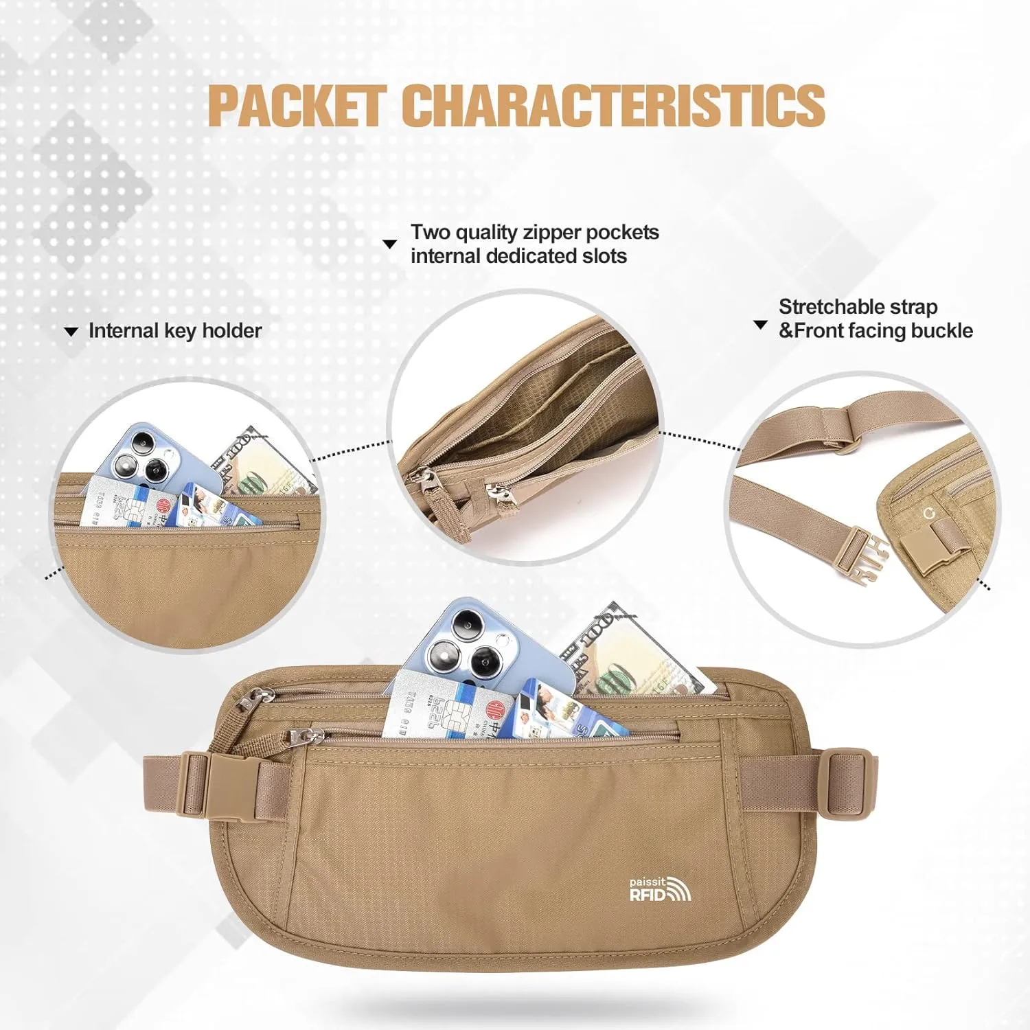 Unisex Money Belt For Men and Women, Slim Passport Holder RFID Blocking Travel Essentials Pouch with Adjustable Strap Small Waist Pouch for Workout Running Travelling Hiking (Beige 2 Packs)
