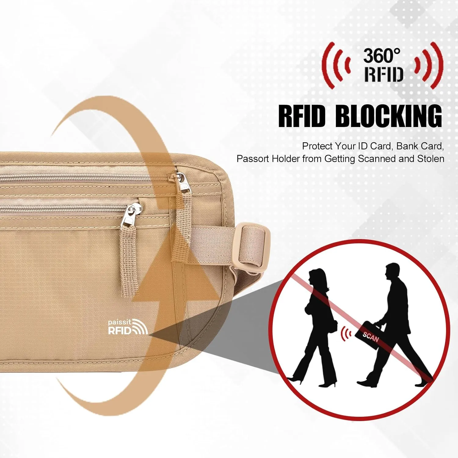 Unisex Money Belt For Men and Women, Slim Passport Holder RFID Blocking Travel Essentials Pouch with Adjustable Strap Small Waist Pouch for Workout Running Travelling Hiking (Beige 2 Packs)