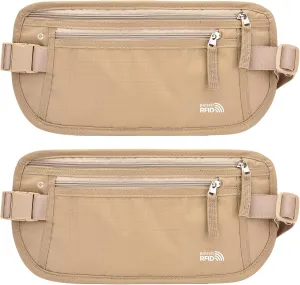 Unisex Money Belt For Men and Women, Slim Passport Holder RFID Blocking Travel Essentials Pouch with Adjustable Strap Small Waist Pouch for Workout Running Travelling Hiking (Beige 2 Packs)