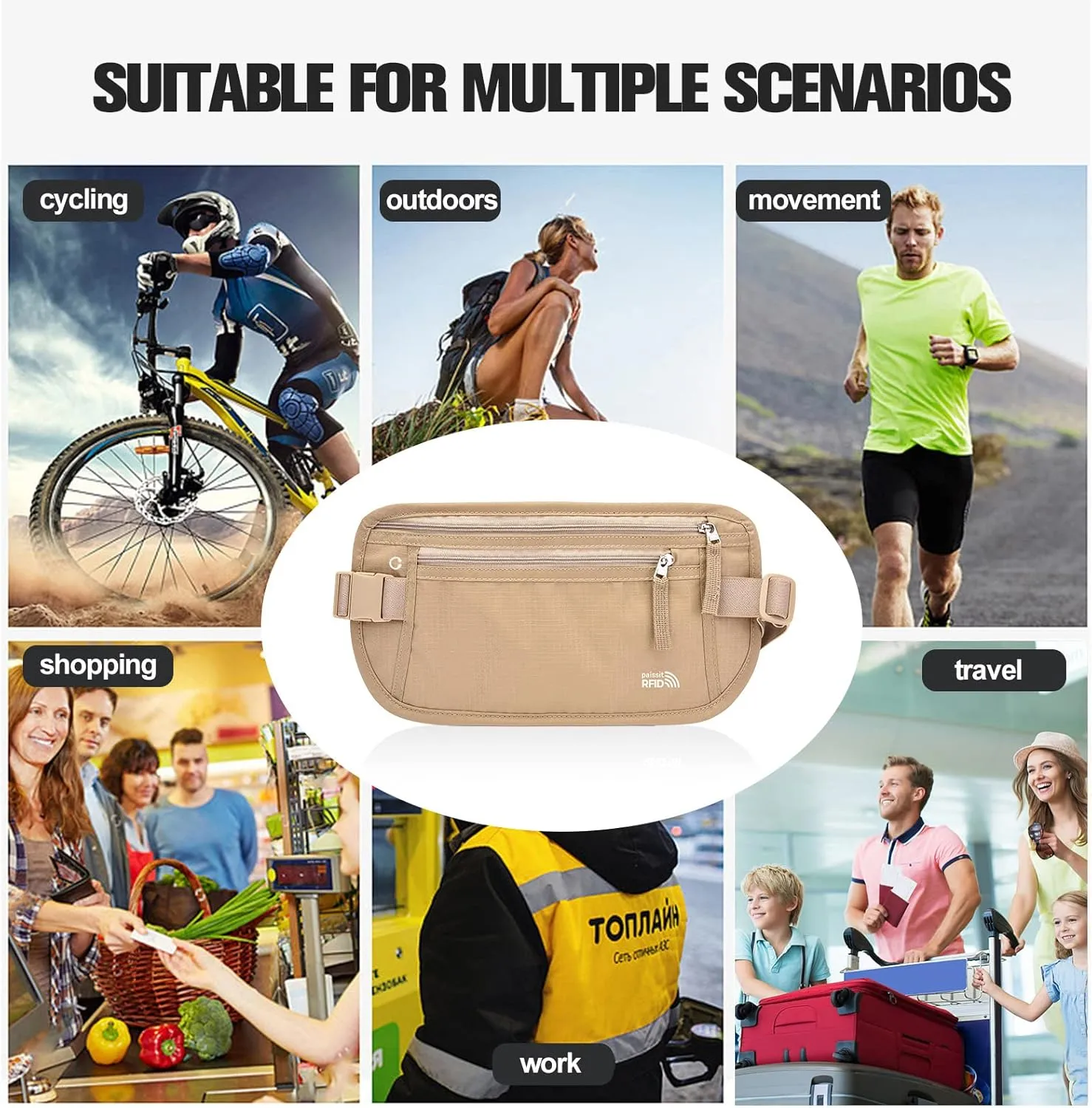 Unisex Money Belt For Men and Women, Slim Passport Holder RFID Blocking Travel Essentials Pouch with Adjustable Strap Small Waist Pouch for Workout Running Travelling Hiking (Beige 2 Packs)