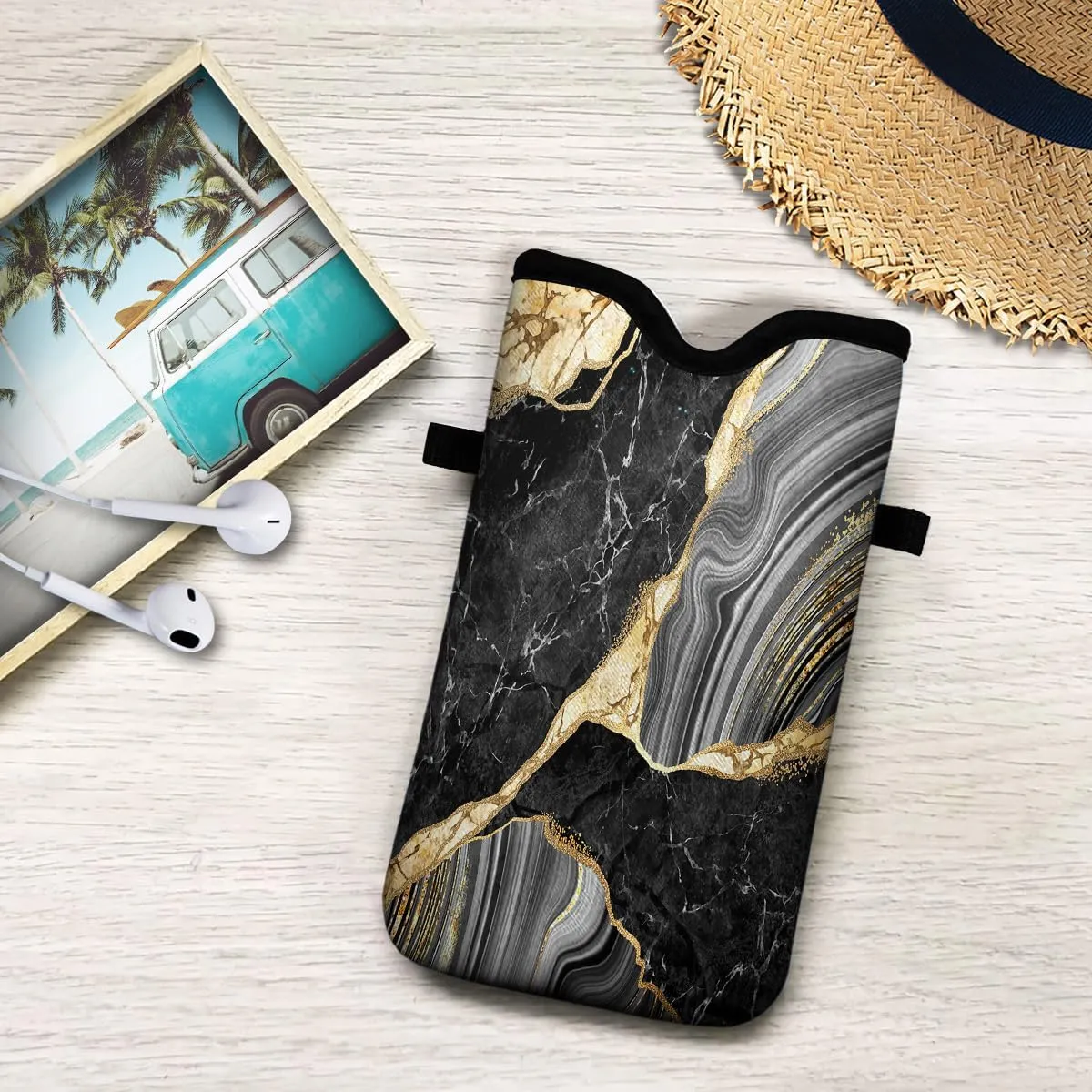 Universal Neoprene Cell Phone Pouch 7.1 X 4 in Mobile Protection Case Bag with Crossbody Strap/Neck Lanyard Black Marble Printed Pattern