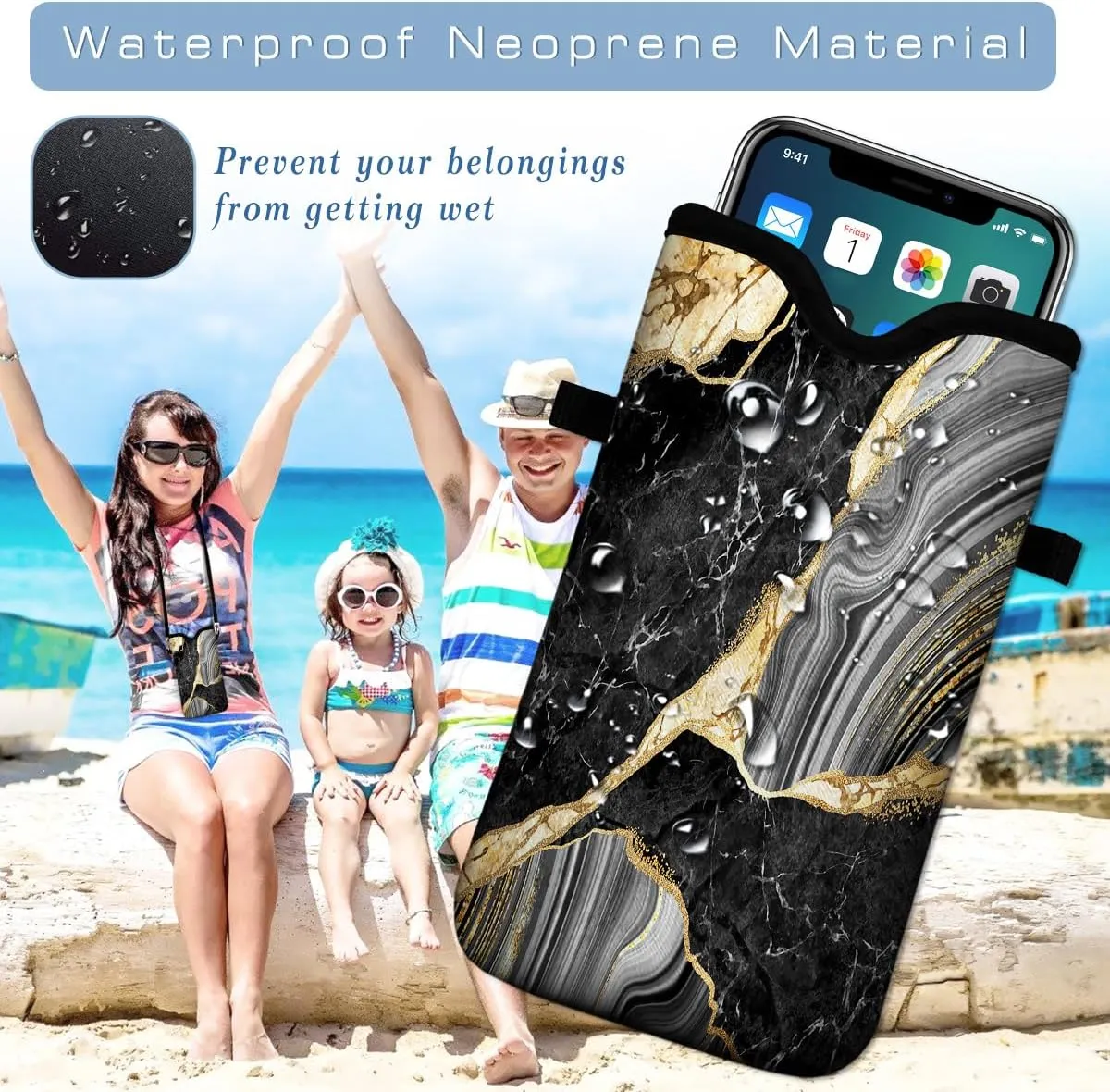 Universal Neoprene Cell Phone Pouch 7.1 X 4 in Mobile Protection Case Bag with Crossbody Strap/Neck Lanyard Black Marble Printed Pattern