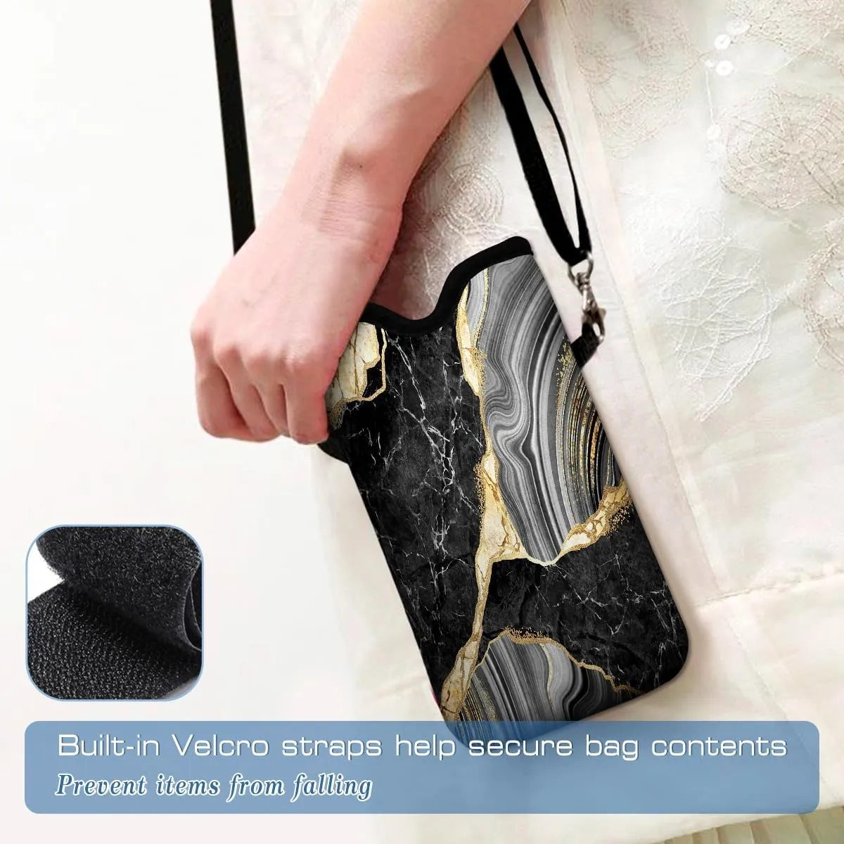 Universal Neoprene Cell Phone Pouch 7.1 X 4 in Mobile Protection Case Bag with Crossbody Strap/Neck Lanyard Black Marble Printed Pattern