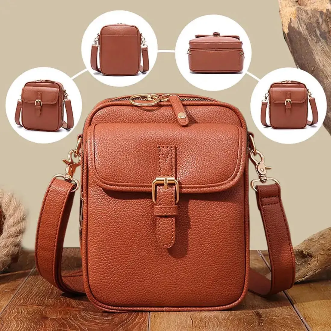 Urvashi Crossbody Bag, Tojoyride Crossbody Leather Bag, Vintage Double Layer Large Capacity Messenger Bag with Card Slot