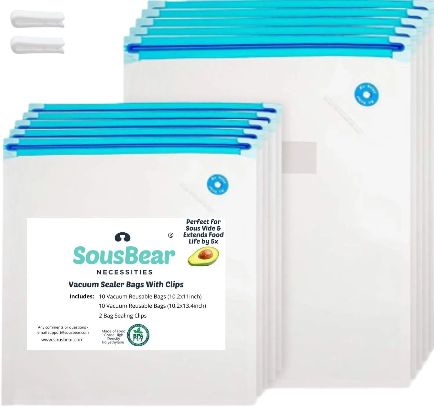 Vacuum Zipper Bags for Food - 20 Reusable Sous Vide Bags for Anova, Joule Cookers - 2 Sizes Sous Vide Bag Kit - 2 Sealing Clips for Food Storage and Sous Vide Cooking