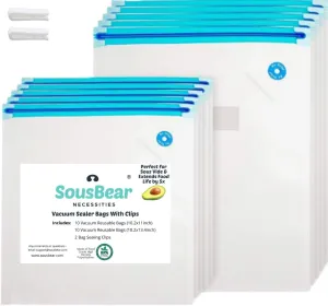 Vacuum Zipper Bags for Food - 20 Reusable Sous Vide Bags for Anova, Joule Cookers - 2 Sizes Sous Vide Bag Kit - 2 Sealing Clips for Food Storage and Sous Vide Cooking