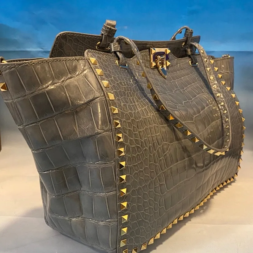VALENTINO Rockstud Crocodile Embossed Grey Shoulder Bag