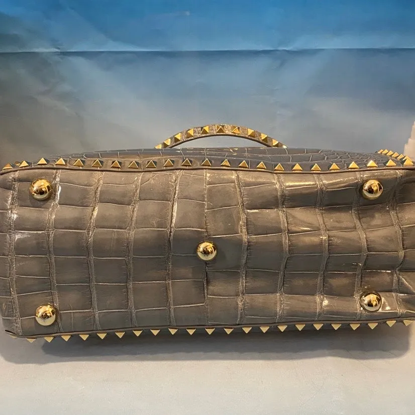 VALENTINO Rockstud Crocodile Embossed Grey Shoulder Bag