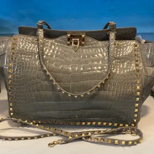 VALENTINO Rockstud Crocodile Embossed Grey Shoulder Bag