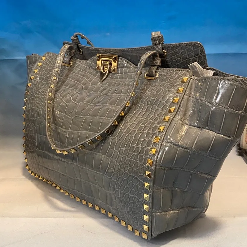 VALENTINO Rockstud Crocodile Embossed Grey Shoulder Bag