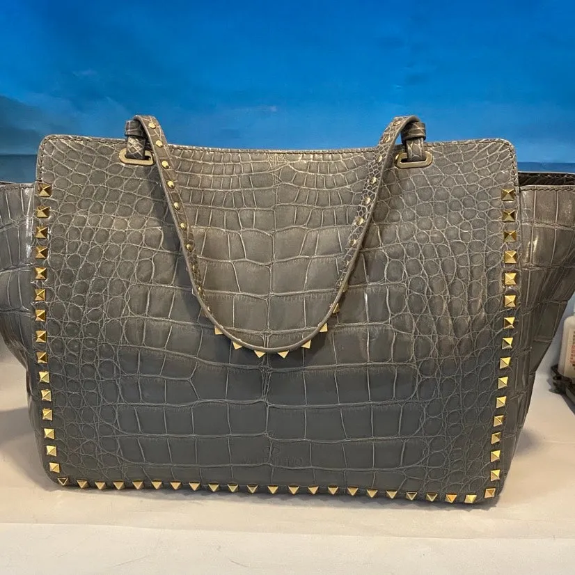 VALENTINO Rockstud Crocodile Embossed Grey Shoulder Bag