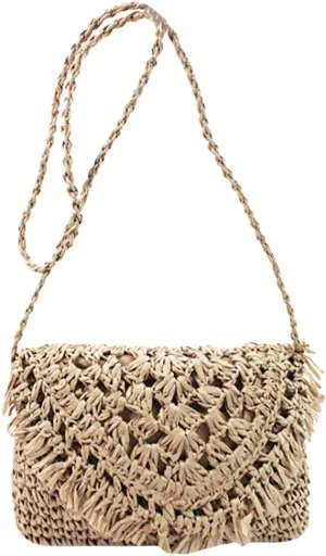 Van Caro Handwoven Cotton Straw Shoulder Bag Crochet Tassel Beach Bohemian Purse for Women