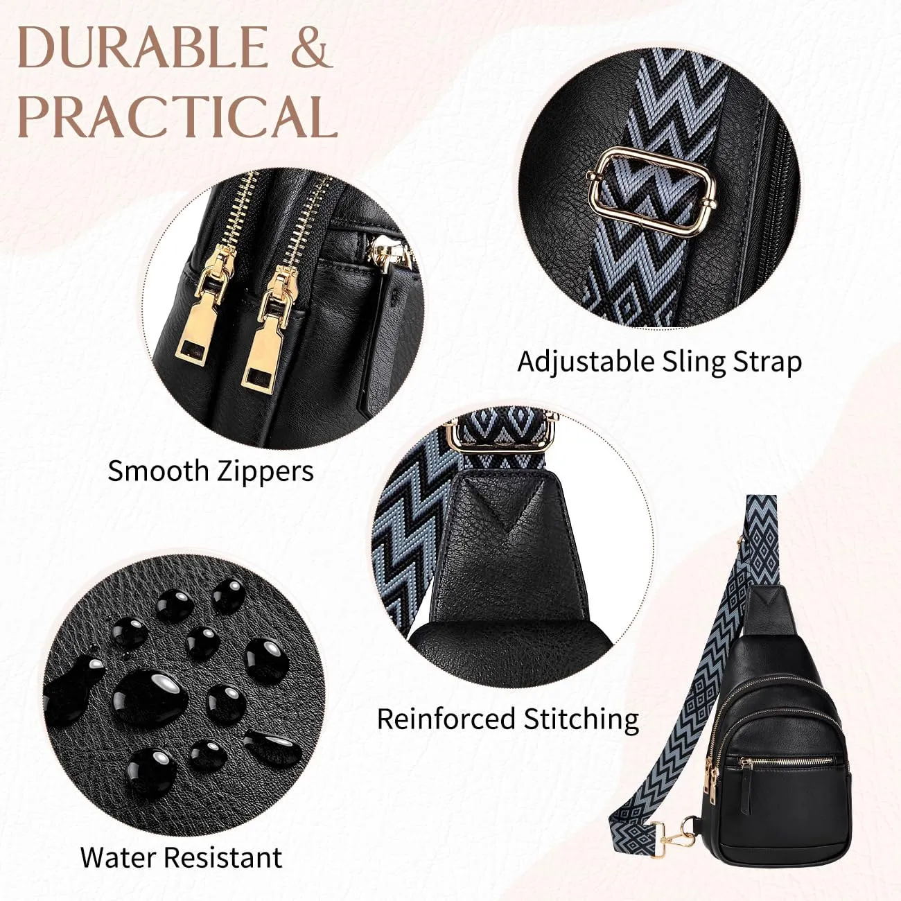 VASCHY Sling Bag Purse for Women,Trendy Vegan Leather Small Crossbody Shoulder Chest Bag Fanny Pack Belt Bag for Travel