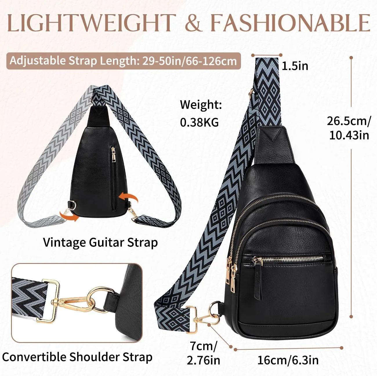 VASCHY Sling Bag Purse for Women,Trendy Vegan Leather Small Crossbody Shoulder Chest Bag Fanny Pack Belt Bag for Travel