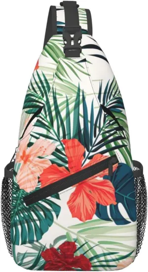 Vegetation Leaves with Hibiscus Flowers Print Diagonally Sling Bag Cross Bag Adjustable Strap Compact Crossbody Bag Travel Bag