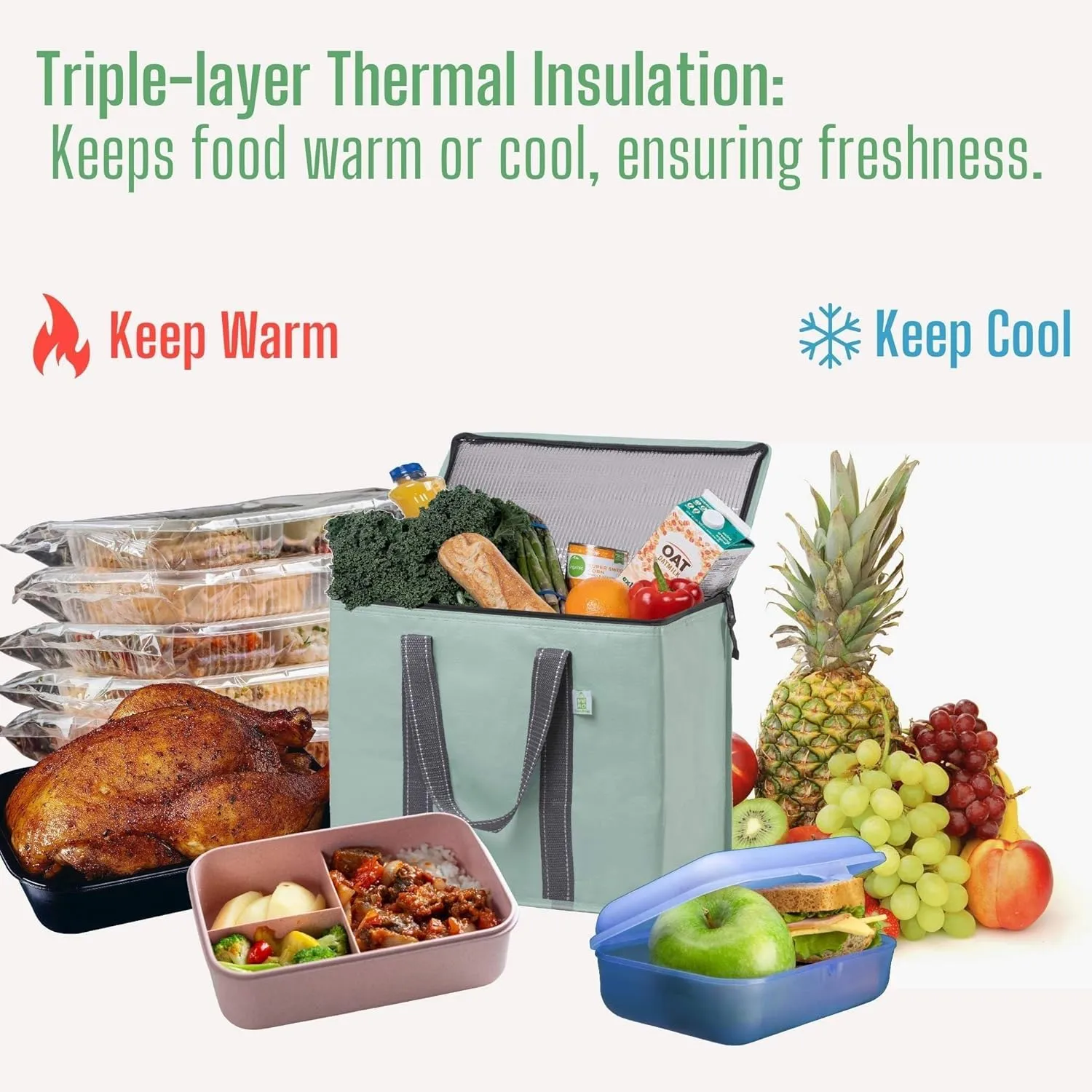 VENO 2 Pack Cooler Bag and Insulated Grocery Bags for Food Delivery, Collapsible Cooler. Reusable Shopping Bags for Groceries with Hard Bottom, Zippered, Foldable, Heavy-Duty (Light Green, 2 Pack)