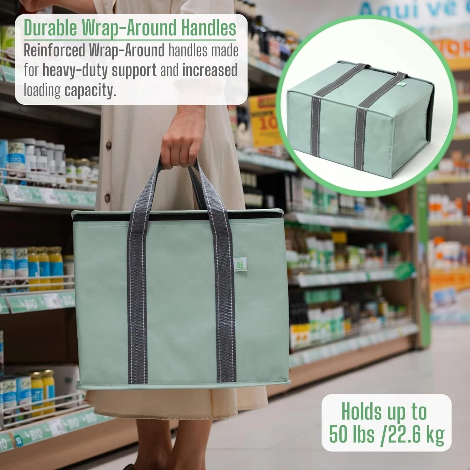VENO 2 Pack Cooler Bag and Insulated Grocery Bags for Food Delivery, Collapsible Cooler. Reusable Shopping Bags for Groceries with Hard Bottom, Zippered, Foldable, Heavy-Duty (Light Green, 2 Pack)