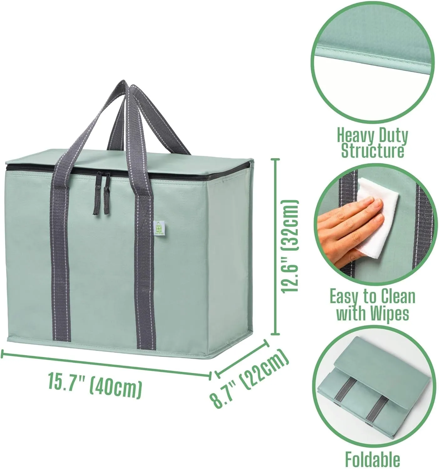 VENO 2 Pack Cooler Bag and Insulated Grocery Bags for Food Delivery, Collapsible Cooler. Reusable Shopping Bags for Groceries with Hard Bottom, Zippered, Foldable, Heavy-Duty (Light Green, 2 Pack)
