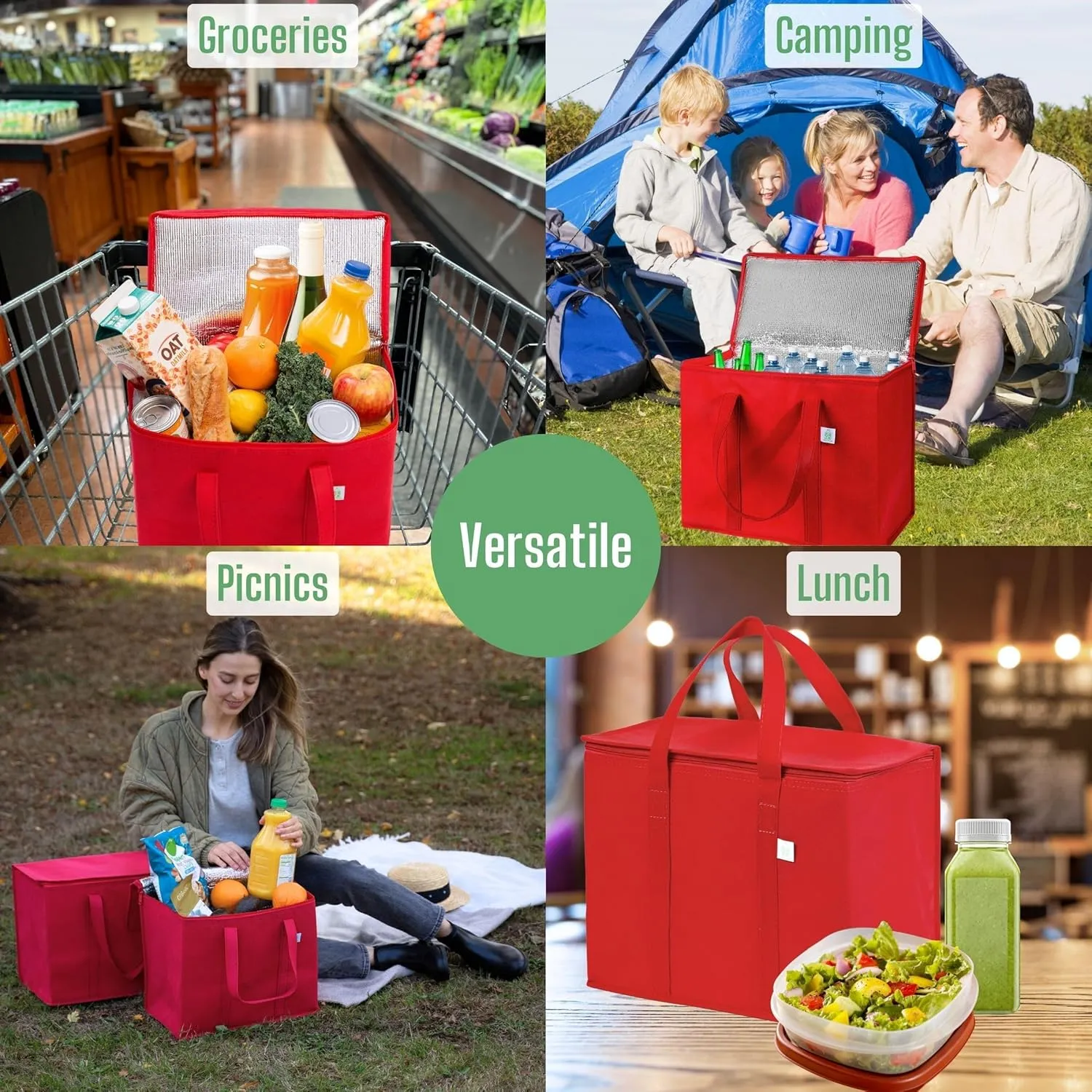 VENO 2 Pack Cooler Bag and Insulated Grocery Bags for Food Delivery, Collapsible Cooler, Reusable Shopping Bags for Groceries with Zipper, Foldable, Heavy-Duty, Stands Upright (Red, 2 Pack)