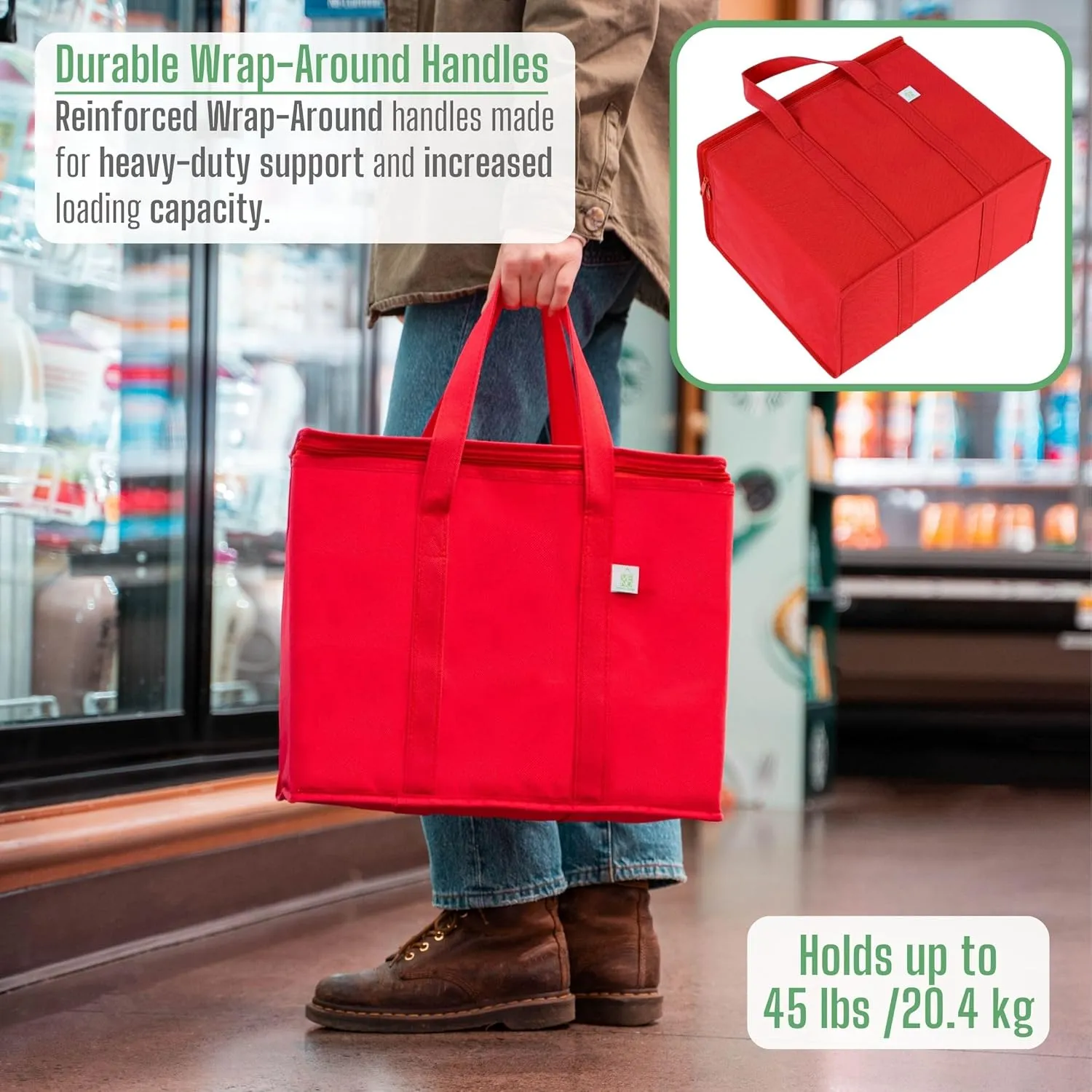 VENO 2 Pack Cooler Bag and Insulated Grocery Bags for Food Delivery, Collapsible Cooler, Reusable Shopping Bags for Groceries with Zipper, Foldable, Heavy-Duty, Stands Upright (Red, 2 Pack)