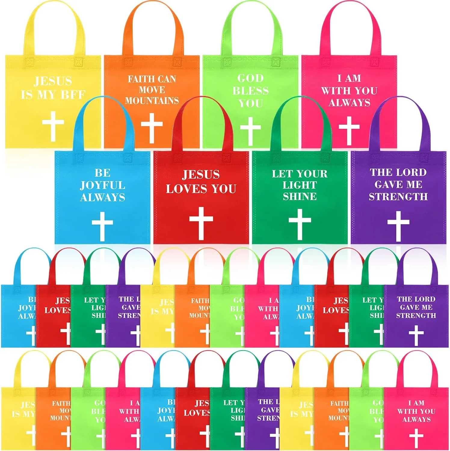 Vincreem 32 Pcs Christian Religious Gift Bag 8 x 8 Inch Non Woven Party Favor Bags Jesus Fabric Bags with Handles Neon Reusable Tote Bags Bulk for Goodie Treat Candy Birthday Wedding, Multi Colors