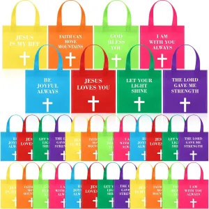 Vincreem 32 Pcs Christian Religious Gift Bag 8 x 8 Inch Non Woven Party Favor Bags Jesus Fabric Bags with Handles Neon Reusable Tote Bags Bulk for Goodie Treat Candy Birthday Wedding, Multi Colors