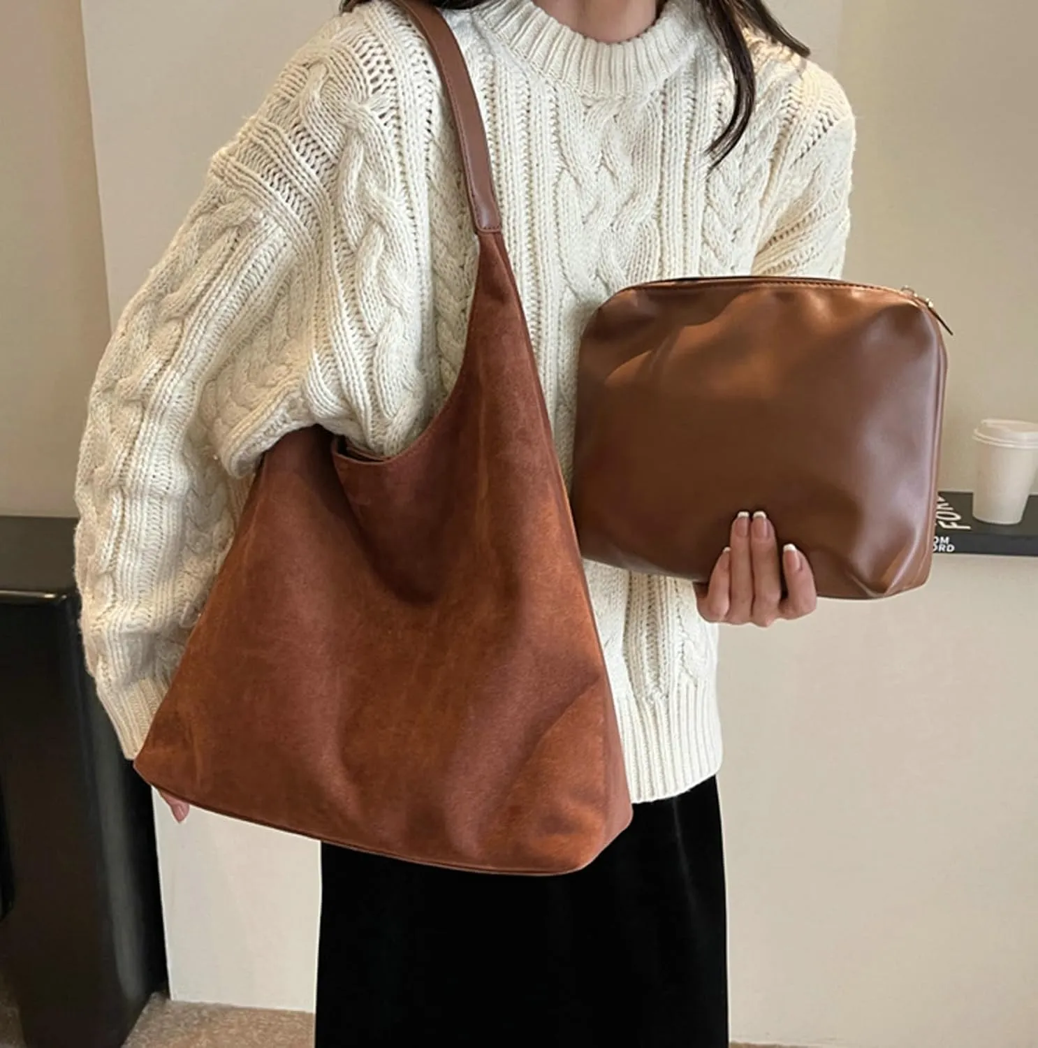 Vintage Suede Tote Bag for Women Autumn Winter 2025 Collection Retro Casual Commute Large Capacity Shoulder Bag