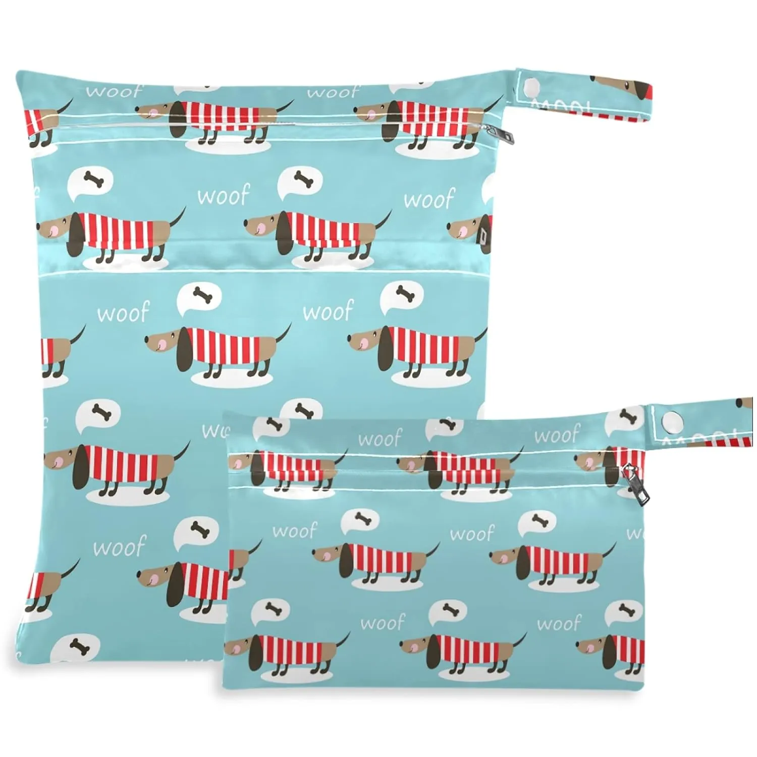 visesunny Hungry Dog Woof Cartoon Animal 2Pcs Wet Bag with Zippered Pockets Washable Reusable Roomy Diaper Bag for Travel,Beach,Pool,Daycare,Stroller,Diapers,Dirty Gym Clothes,Wet Swimsuits,Toiletries