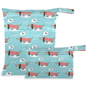 visesunny Hungry Dog Woof Cartoon Animal 2Pcs Wet Bag with Zippered Pockets Washable Reusable Roomy Diaper Bag for Travel,Beach,Pool,Daycare,Stroller,Diapers,Dirty Gym Clothes,Wet Swimsuits,Toiletries