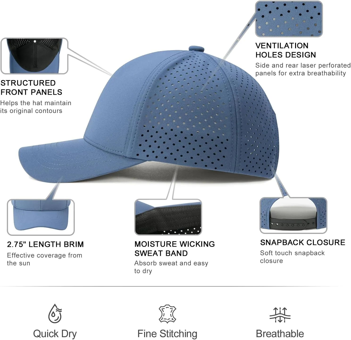 VOBOOM Men Quick Dry Baseball Cap Laser Cut Mesh Ball Curved Brim Snapback Hat