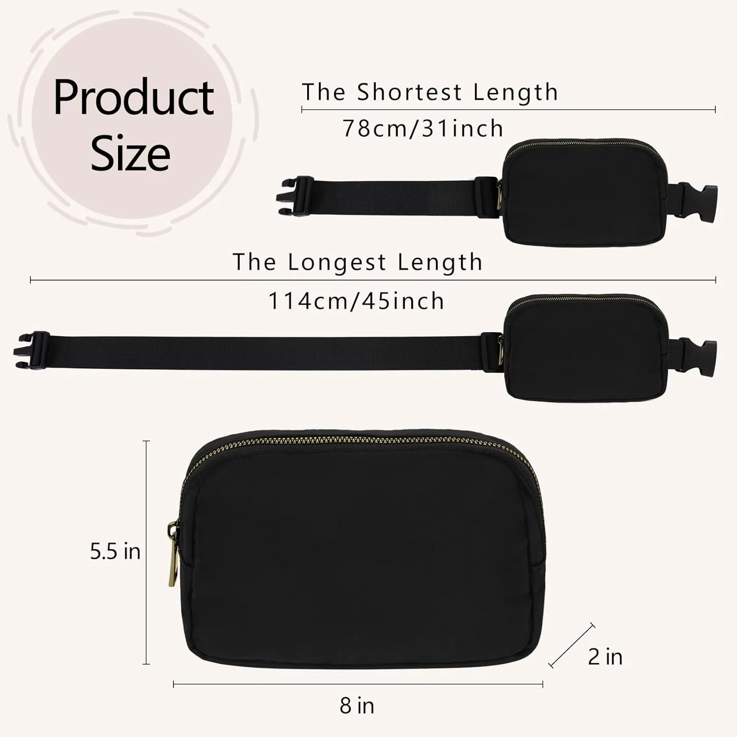 Waist Belt Bag Fashion Fanny Women and Men Gift Waist Pack With Adjustable Strap For Travel Running Hiking Walking Off White Comb Black