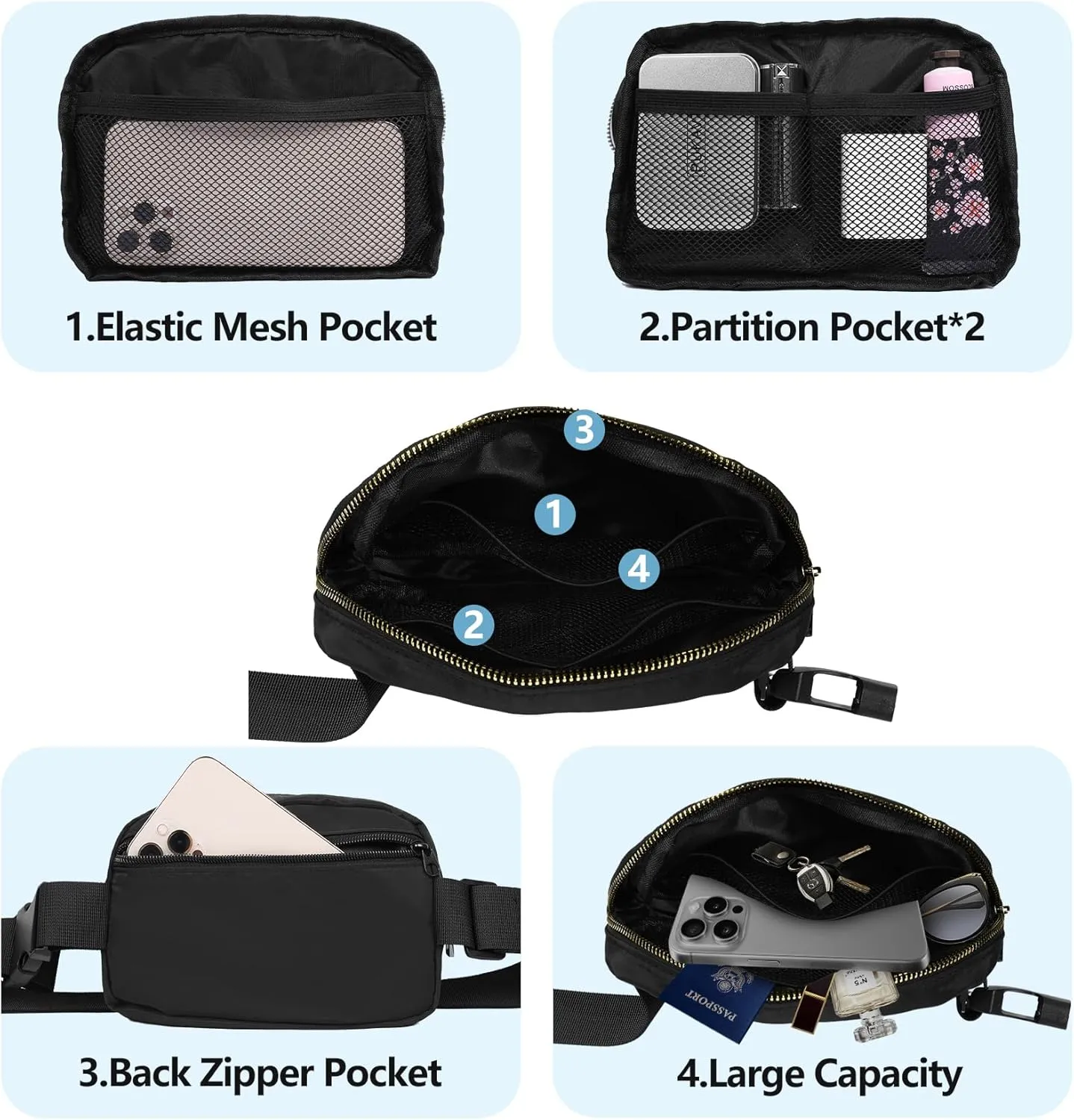 Waist Belt Bag Fashion Fanny Women and Men Gift Waist Pack With Adjustable Strap For Travel Running Hiking Walking Off White Comb Black