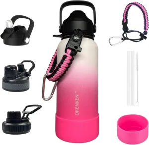 Water Bottle, Insulated water bottle, Stainless steel water bottle for kids men women Sports water bottle 32 oz Water bottle with straw Insulated Flask (Gradient White/Hot Pink)