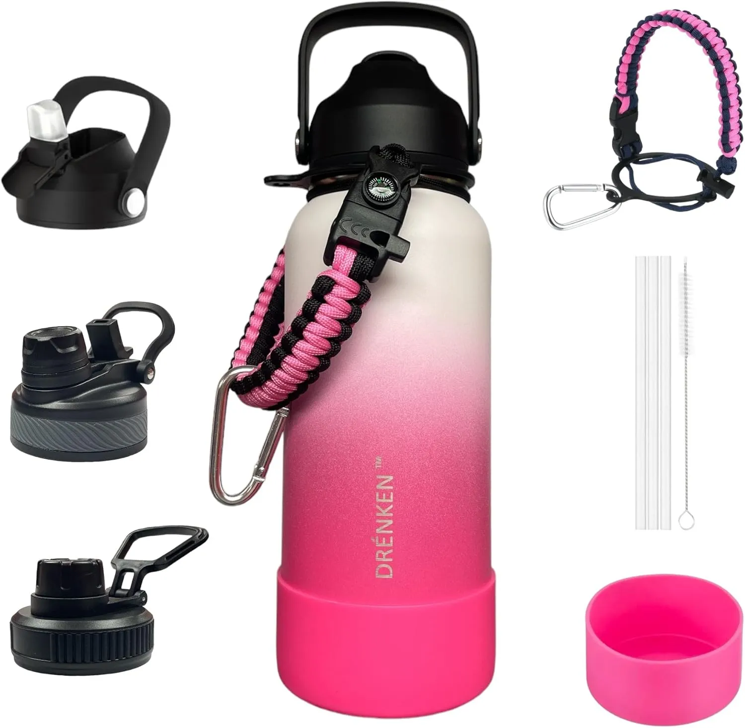 Water Bottle, Insulated water bottle, Stainless steel water bottle for kids men women Sports water bottle 32 oz Water bottle with straw Insulated Flask (Gradient White/Hot Pink)