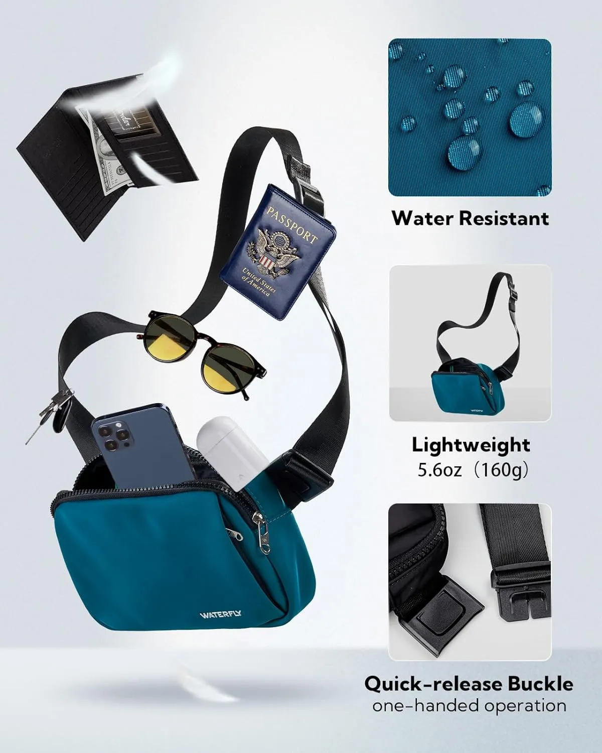 WATERFLY Crossbody Belt Fanny Pack: Sports Walking Waist Bag Runner Belt Bum Bag Hip Fannie Pack Phanny Fannypack Woman Man for Hiking Jogging Running