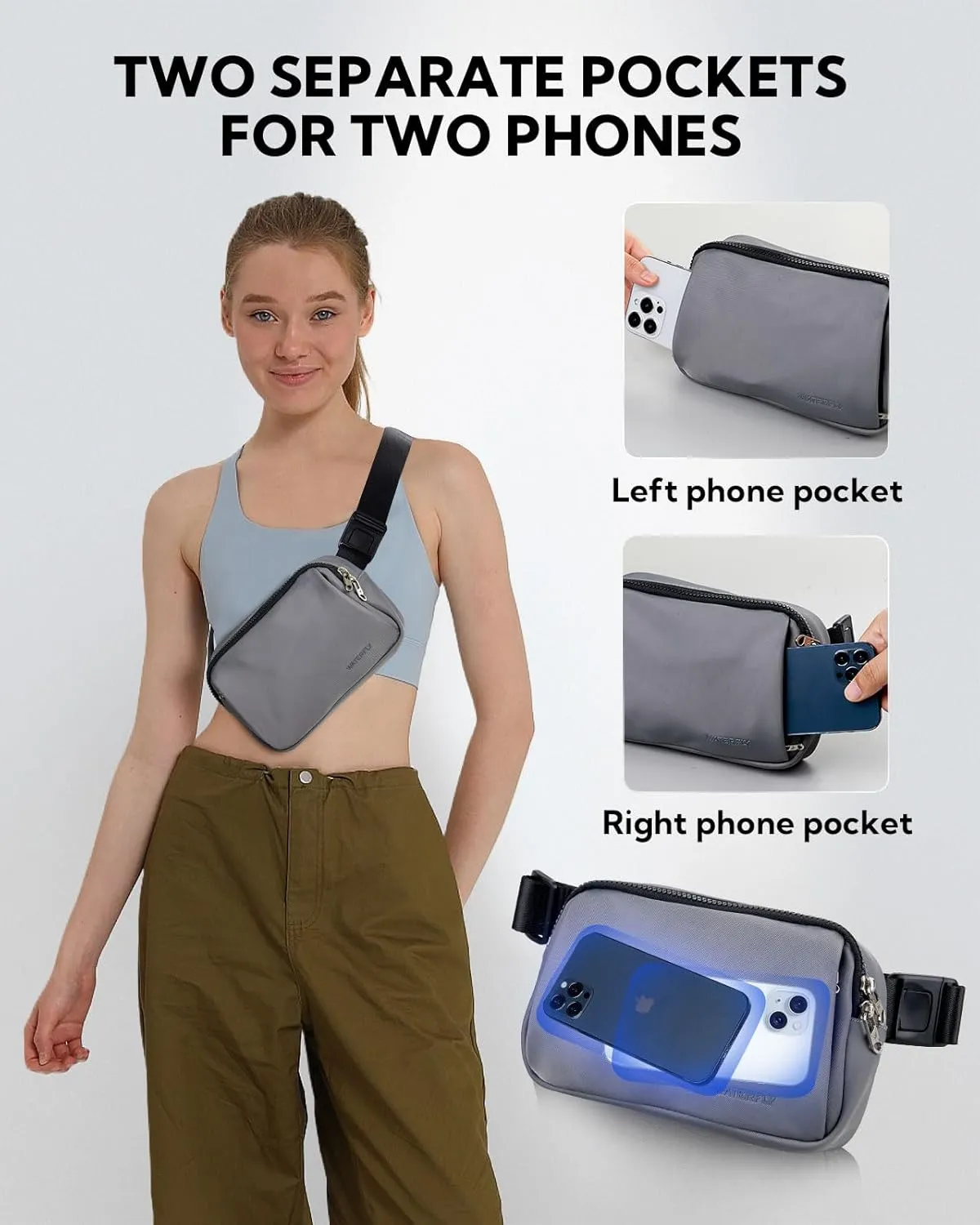 WATERFLY Crossbody Belt Fanny Pack: Sports Walking Waist Bag Runner Belt Bum Bag Hip Fannie Pack Phanny Fannypack Woman Man for Hiking Jogging Running