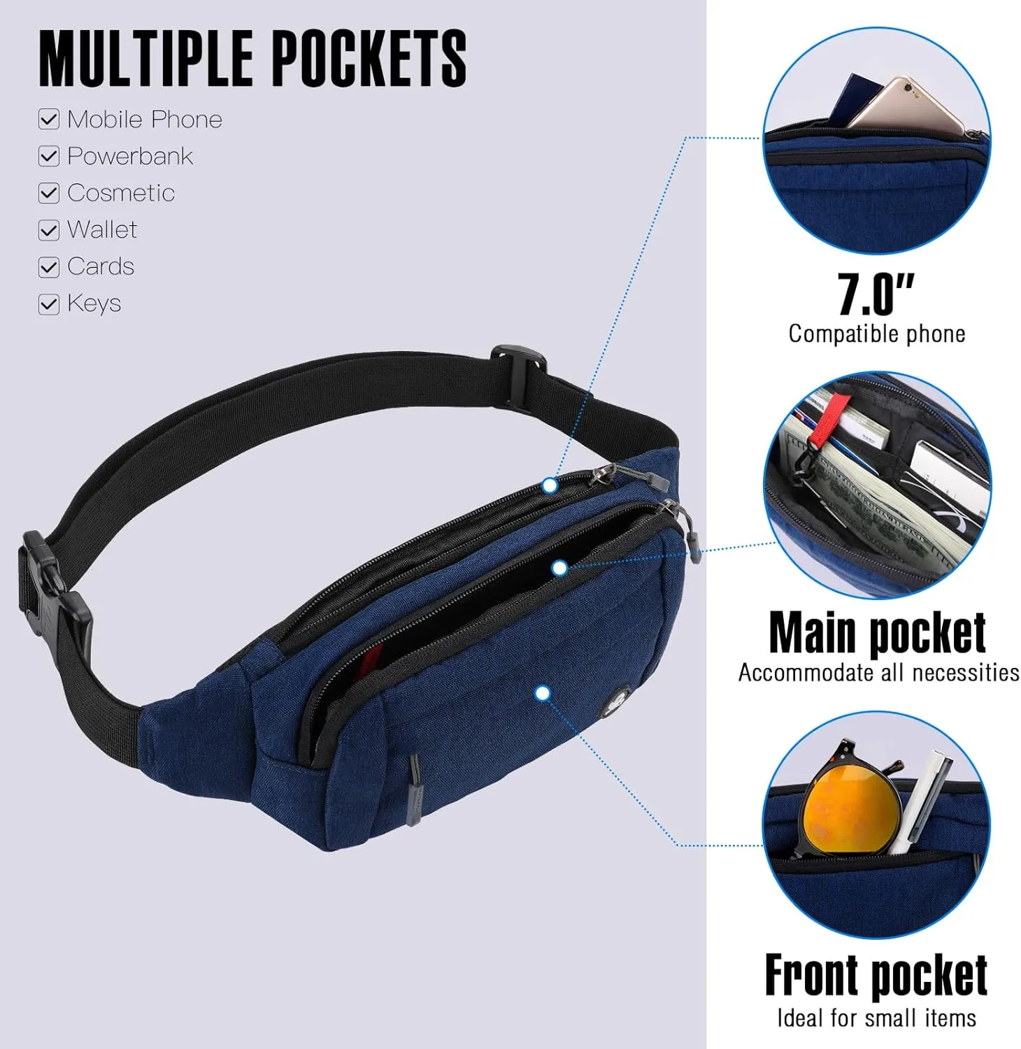 WATERFLY Fanny Pack Waist Bag: Small Hip Pouch Bum Bag Fannie Pack Phanny Fannypack Waistpack Bumbag Beltbag Sport Slim Fashionable for Jogging Hiking Hiker Woman Man
