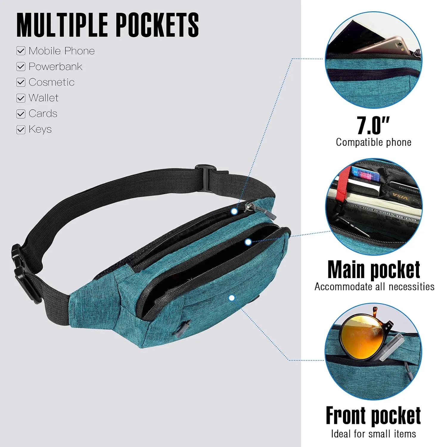 WATERFLY Fanny Pack Waist Bag: Small Hip Pouch Bum Bag Fannie Pack Phanny Fannypack Waistpack Bumbag Beltbag Sport Slim Fashionable for Jogging Hiking Hiker Woman Man