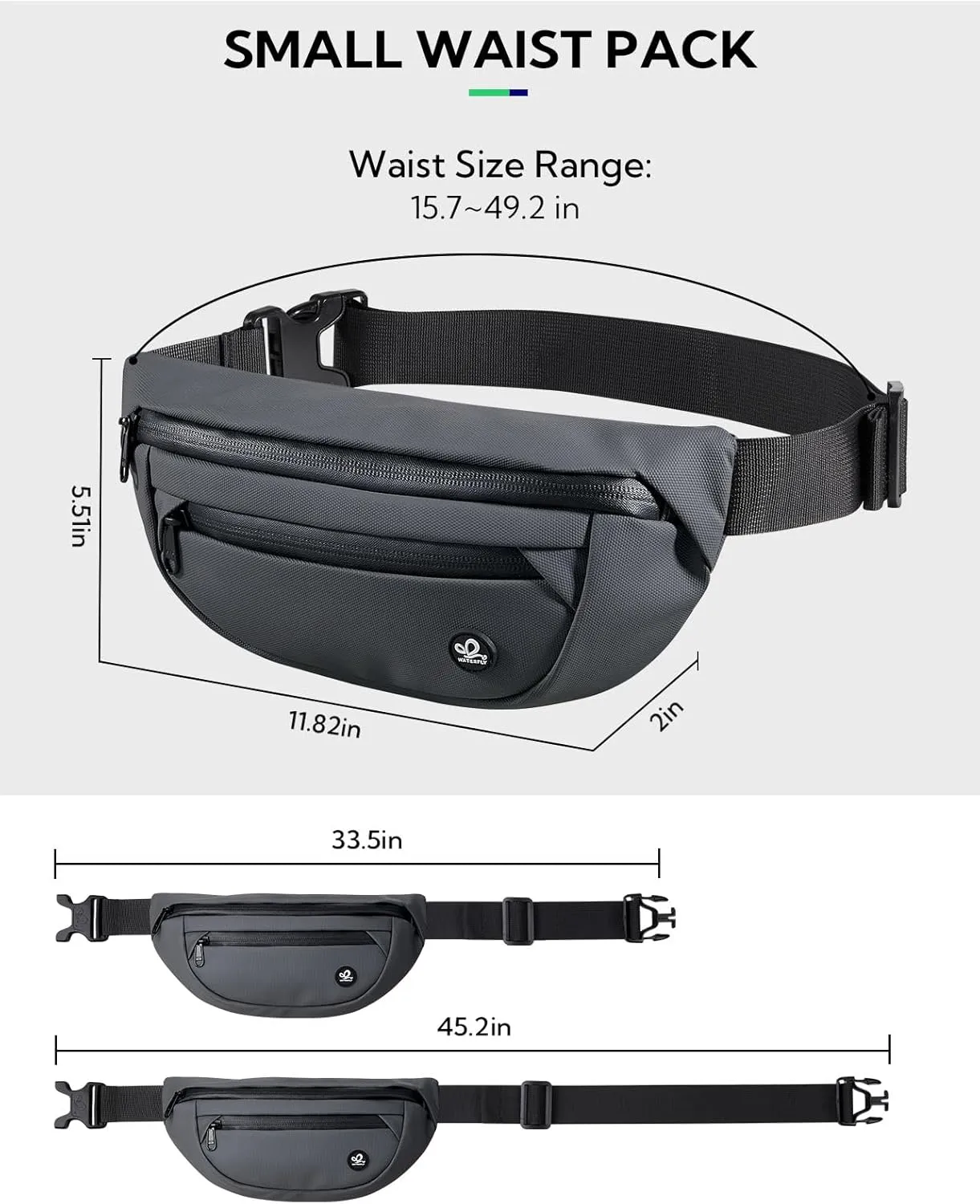 WATERFLY Fanny Pack Waist Packs: Small Waist Bag for Women Men Fashion Crossbody Belt Bags for Hiking Running Travel Walking-Grey