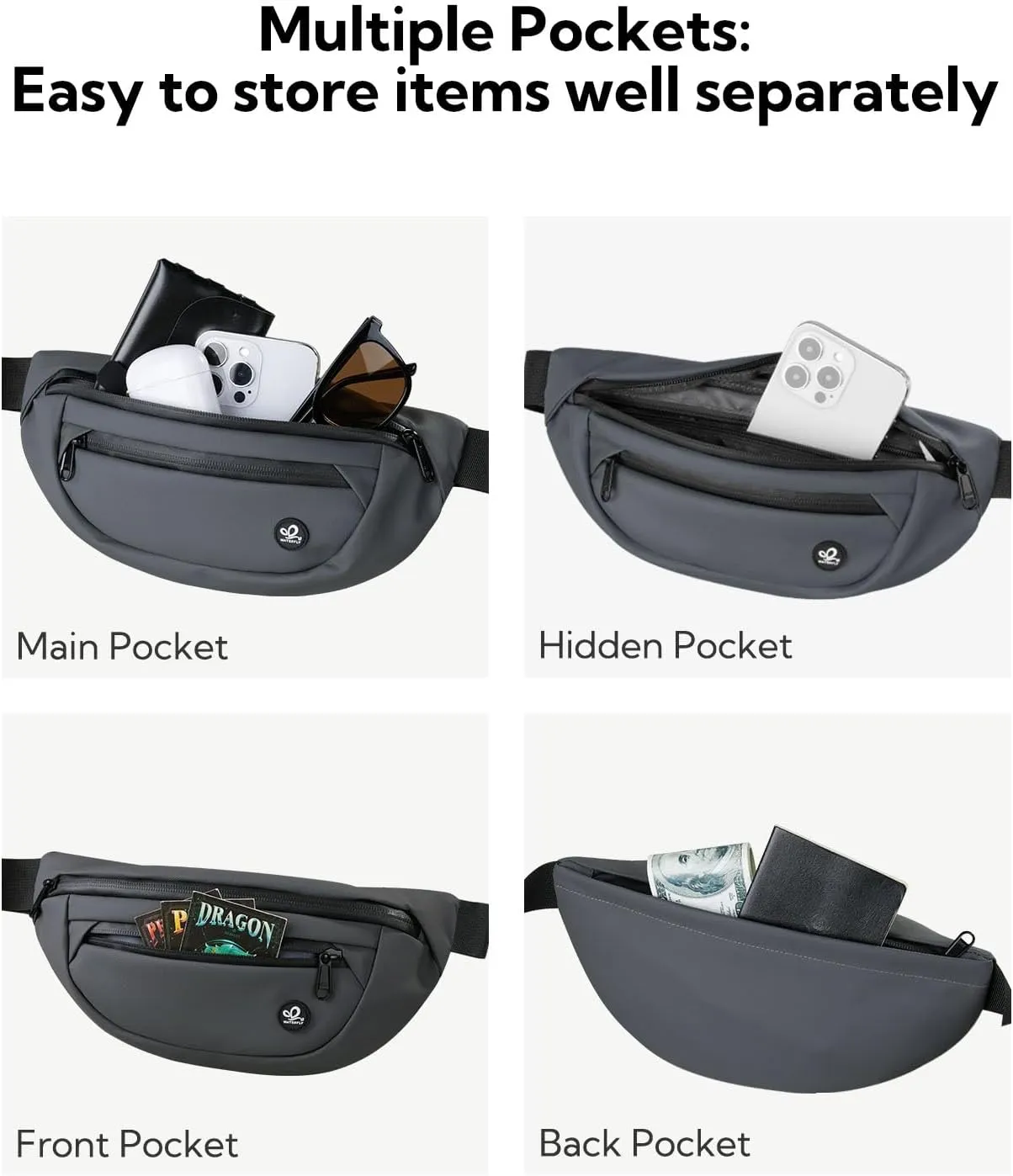 WATERFLY Fanny Pack Waist Packs: Small Waist Bag for Women Men Fashion Crossbody Belt Bags for Hiking Running Travel Walking-Grey