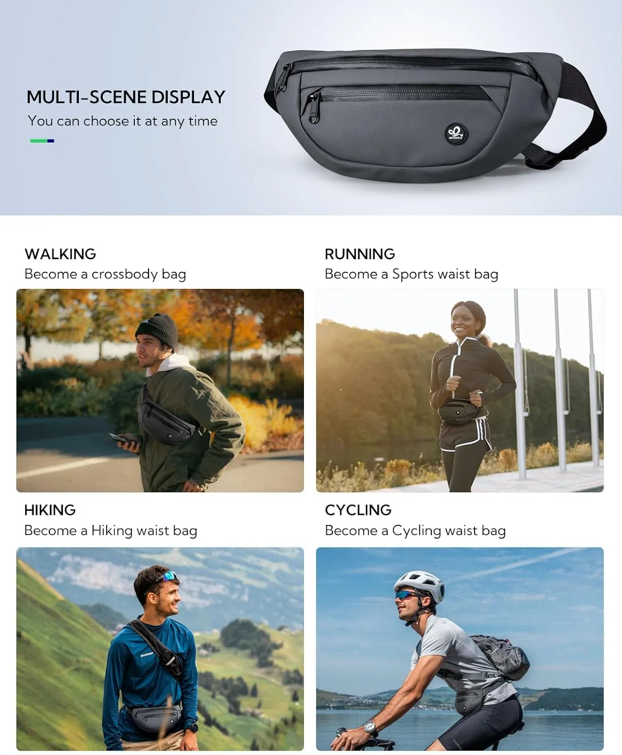 WATERFLY Fanny Pack Waist Packs: Small Waist Bag for Women Men Fashion Crossbody Belt Bags for Hiking Running Travel Walking-Grey