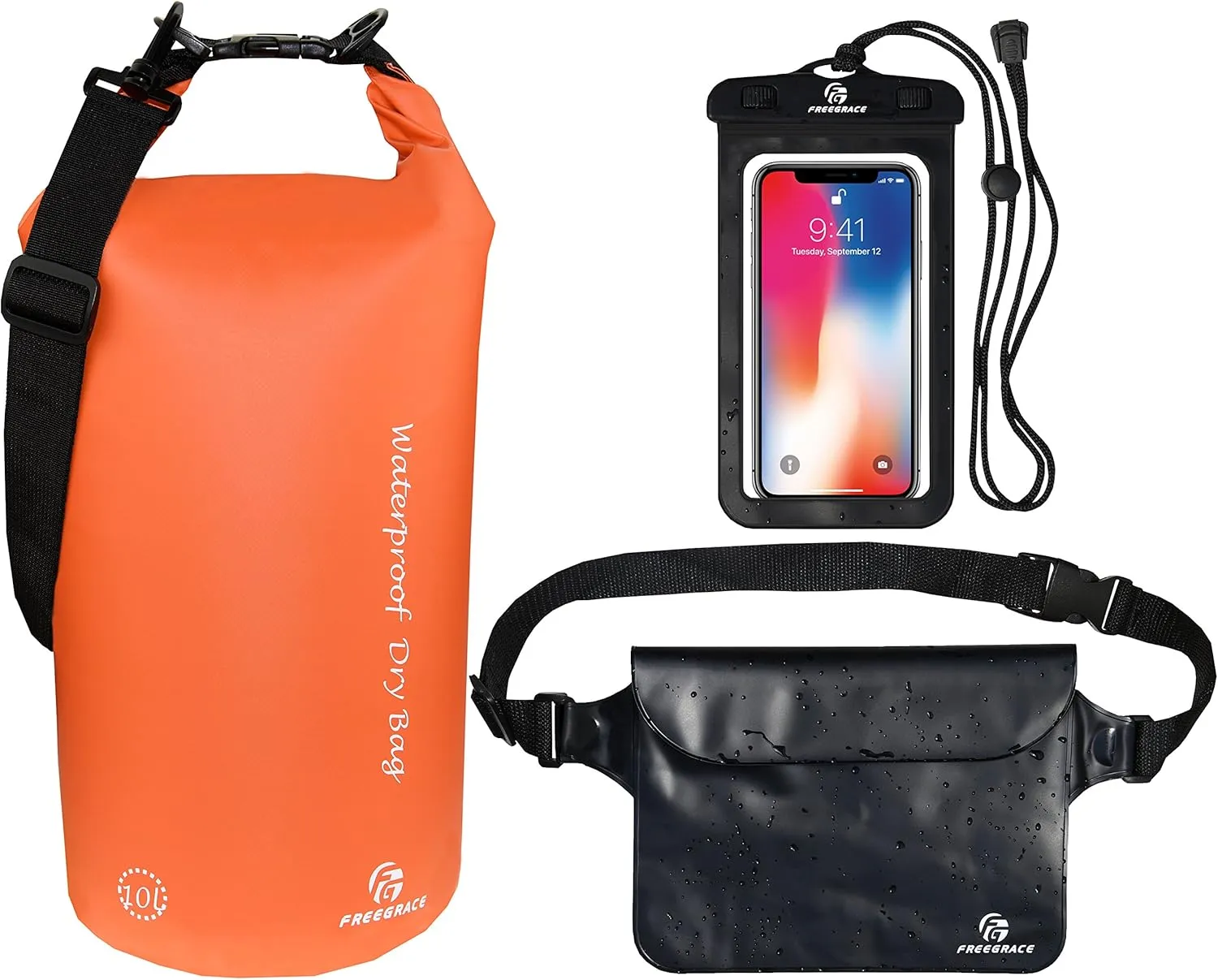 Waterproof Dry Bags Set of 3 Dry Bag with 2 Zip Lock Seals & Detachable Shoulder Strap, Waist Pouch & Phone Case - Can Be Submerged Into Water - for Swimming (Orange, 10L)